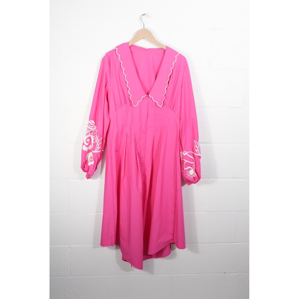 SHEIN Midi Dress Women Large Pink Scallop Collar Floral Embroidery Puff Sleeve